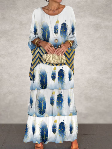Women's  Abstract Geometric Feather Art Print Elegant Chiffon Cake Skirt