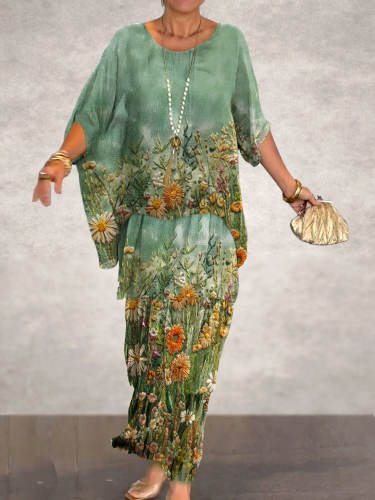 Women's Vintage Meadow of Spring Blooms Flower Print Elegant Chiffon Cake Skirt
