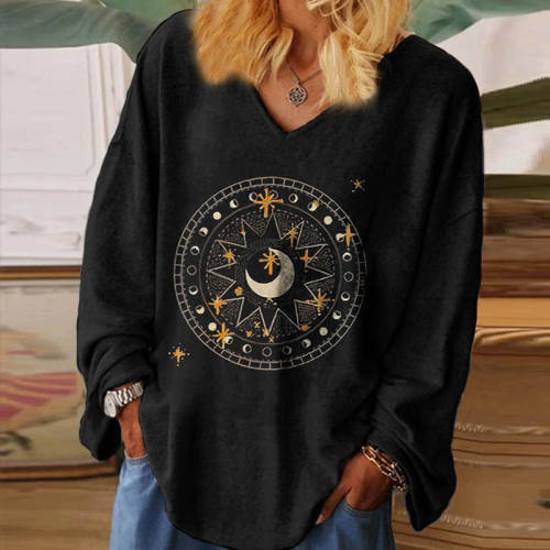 Circle Sun And Moon Printed Women's Black Long-sleeved T-shirt
