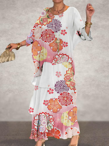 Women's Multicolor Gradient Floral Art Print Elegant Chiffon Cake Skirt