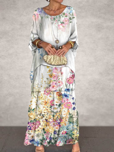 Women's Vintage Flowers Art Print Elegant Chiffon Cake Skirt