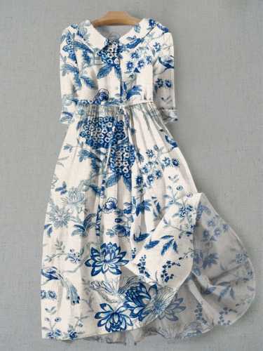 Women's Vintage Floral Print Lapel Waist Tie-Up Dress