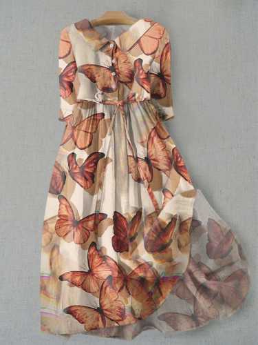 Women's Vintage Butterfly Pattern Print Lapel Waist Tie-Up Dress