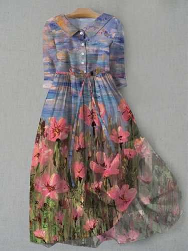 Women's Vintage Floral Oil Painting Design Printed Lace-Up Dress