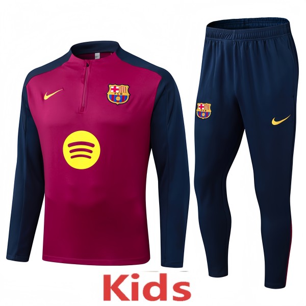 2025-26 Kids Barcelona Rose Red Half Pull  Tracksuit