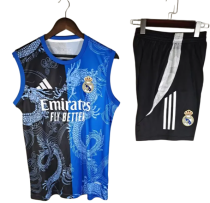2025-26 Mens Real Madrid Blue Double Dragon Pattern  vest Training Short Suit