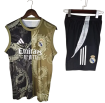 2025-26 Mens Real Madrid yellow Double Dragon Pattern  vest Training Short Suit