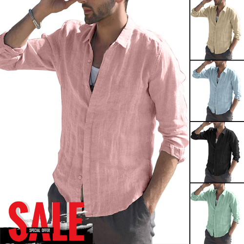 2022Men's Solid Color Simple Casual Cotton Linen Shirt