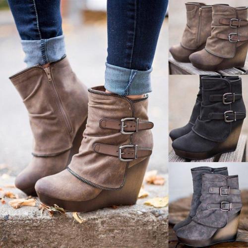 Women Vintage Booties Ankle High Thick Heels Shoes