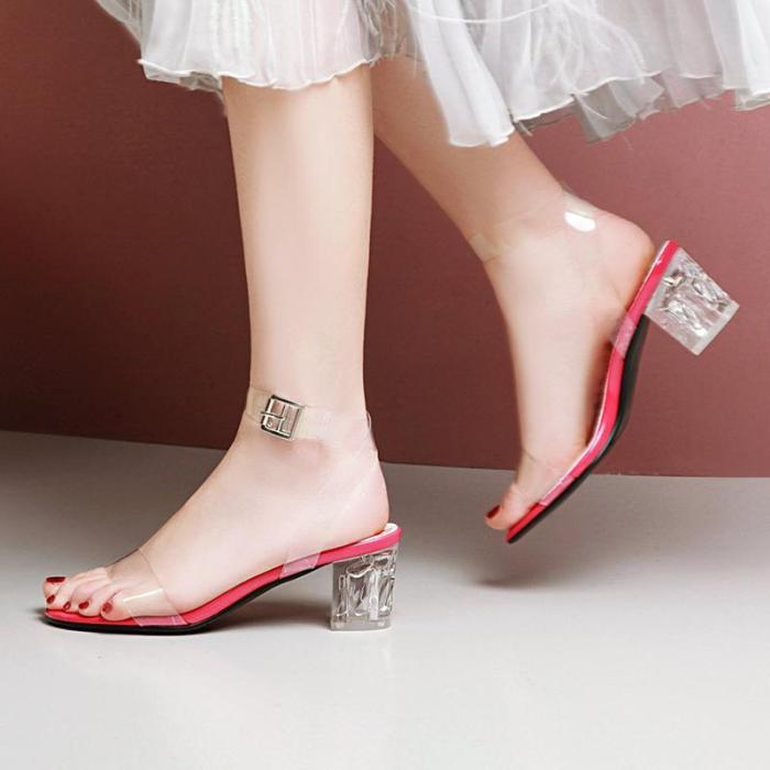Summer PVC Chunky Heel Floral Print Sandals