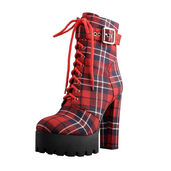 Plaid Lace Up Platform Buckle Strap Chunky Heel Round Toe Booties