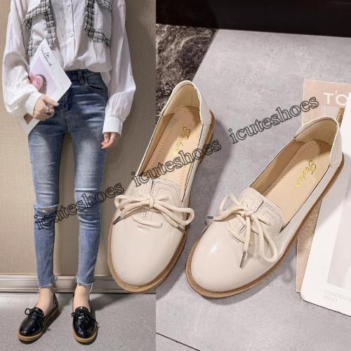 Spring Classic Women Derbies British Patent Leather Round Toe Oxfords Flats Casual Ladies Lace-up Shoes