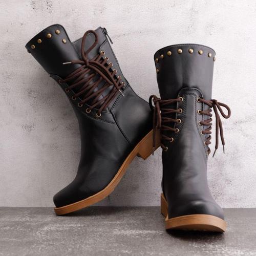 Back Zipper Vintage Boots Lace-Up Holiday Mid-calf Boots