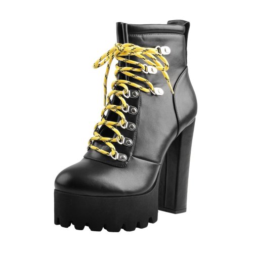 Lace Up Yellow Strappy Round Toe Platform Chunky Heels Ankle Boots