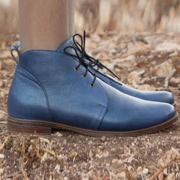 Blue Pure Pu Lace-Up Flats Ankle Booties
