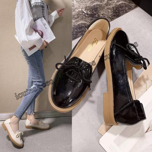 Spring Classic Women Derbies British Patent Leather Round Toe Oxfords Flats Casual Ladies Lace-up Shoes