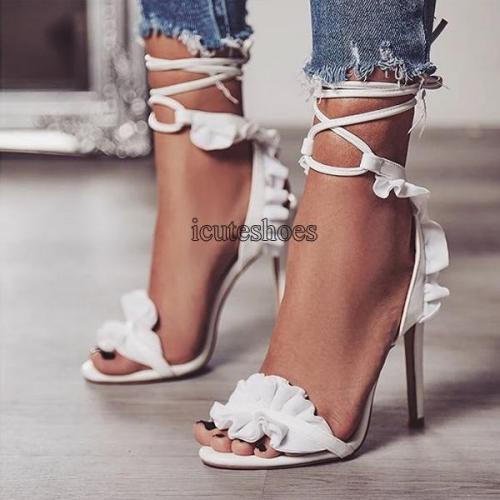 White High Heels European and American Women's Shoes Lotus Leaf Lace Sandals