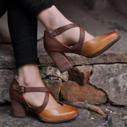 Brown Pointy Toe Ankle-Strap Buckle High Chunky Heels