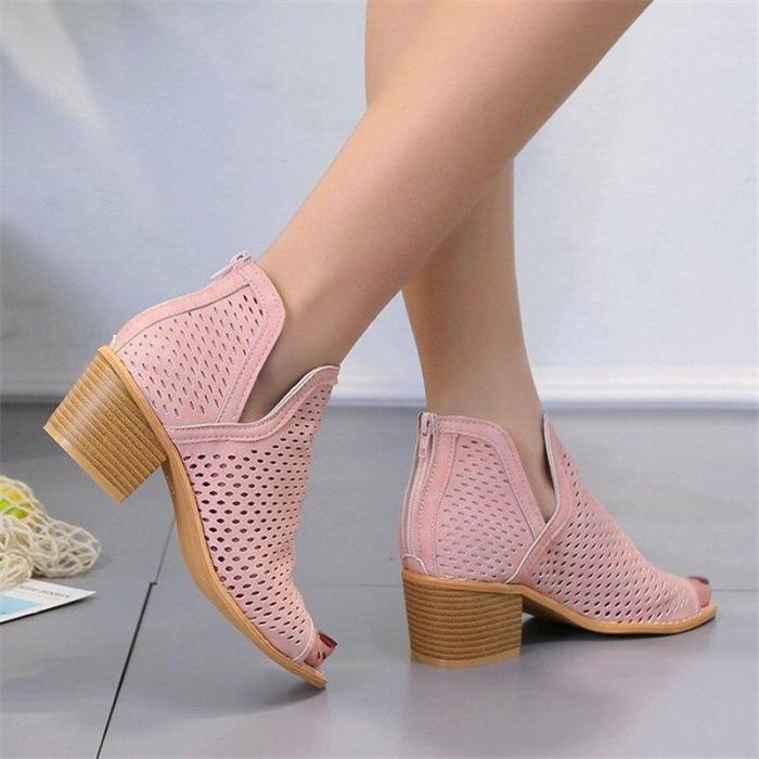 Chunky Heels Sandals Hollow Out Open Toe Shoes