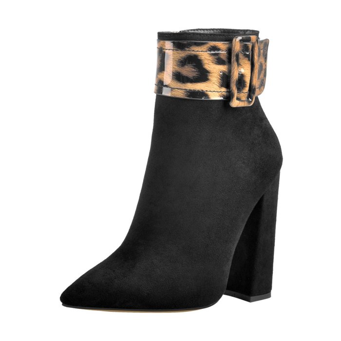 Black Suede Leopard Ankle Buckle High Chunky Block Heels Booties
