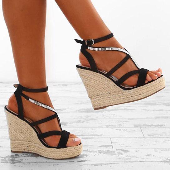 Fashion Cross Strap Woven Wedge High Heel Sandal