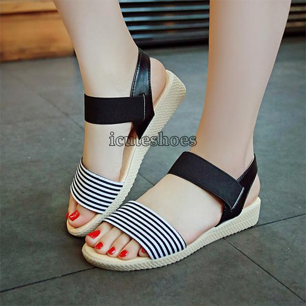 Sandals Female Stripe Flat Heel Comfort Anti Skidding Beach Shoes Sandals Slipper