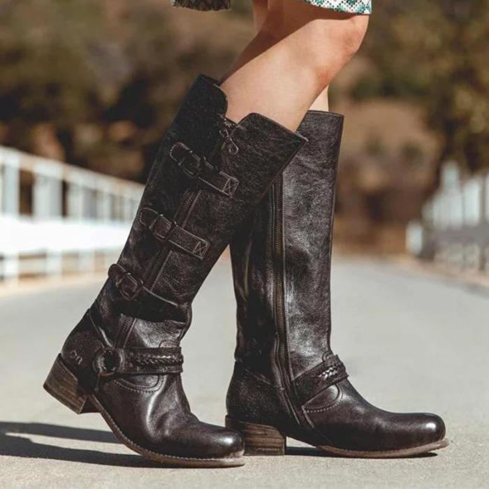 Vintage Women Buckle Low-heel Boots