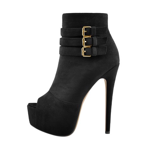 Black Suede Peep Toe Platform Ankle Three Buckles Stiletto Boots