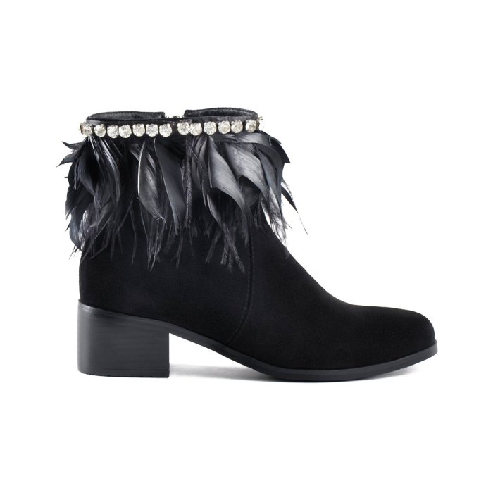 Feather Suede Chunky Heel Ankle Boots