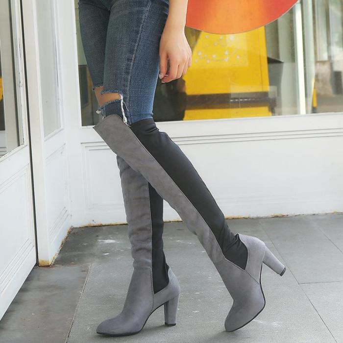 Women Plus Size Faux Suede Color Block Boots Chunky Heel Knee-high Boots