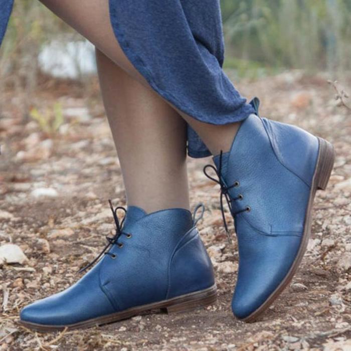 Blue Pure Pu Lace-Up Flats Ankle Booties