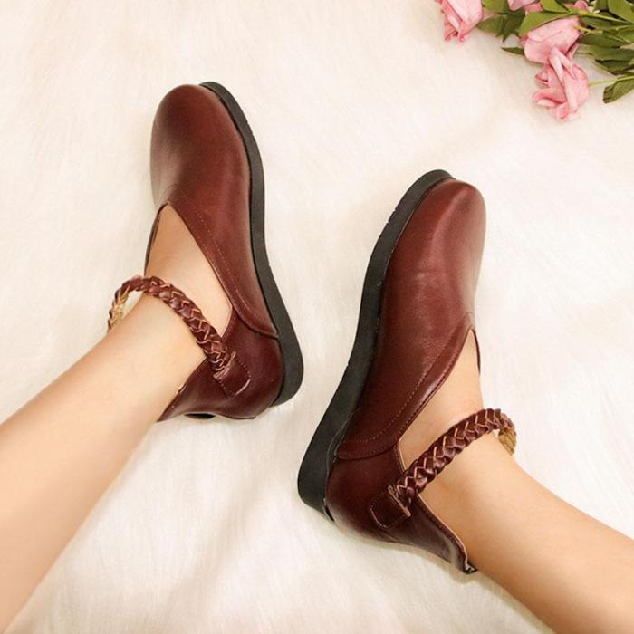 Round Toe Artificial Leather Ankle Strap Weaved Flats