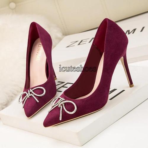 Fashion Shallow Mouth Pointed High Heel Metal Diamond Button Bow Single Shoes Sweet High Heels