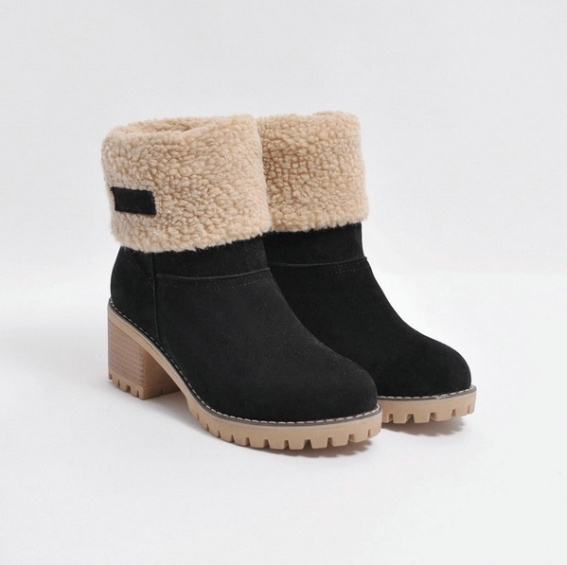 Female Winter Shoes Fur Warm Snow Boots Square Heels Ankle Boots