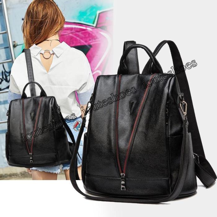 Double shoulder bag women's new soft leather travel bag color zipper fashion casual backpack women