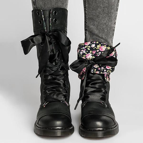 Women Vintage Lace-up Leather Mid-Calf Chunky Heel Boots