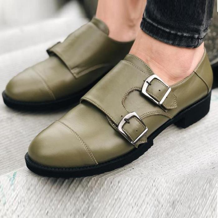 Solid Pu Double Double Monk Strap Buckle Flats Shoes