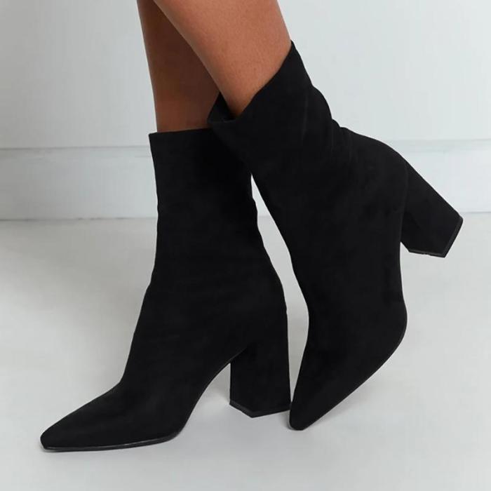 Brief High Heel Chunky Solid Color Pointed Boots