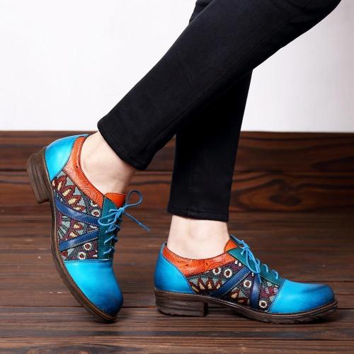 Blue Broque Pattern Lace-Up Low Chunky Shoes