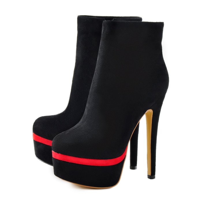 Suede Round Toe Black Red Platform Stiletto Ankle Boots