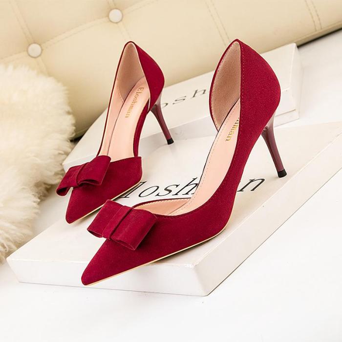 Sweet High-heeled Shoes Shallow Mouth Pointy Sexy Hollow Suede Bow Women's Single Shoes