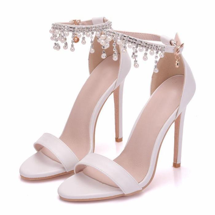 White Imitation Pearls High Heel Sandals
