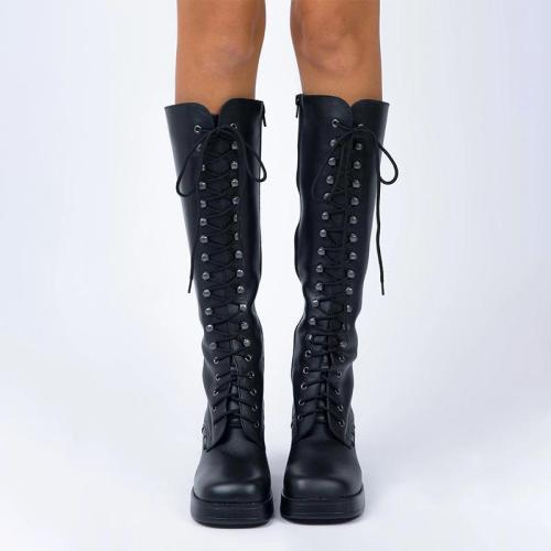 Black Chic High-heel Thick Sole Lace-up Boots