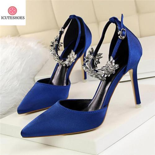 Silk Pointed Toe Wedding Shoes Women Buckle Strap Crystal Party Shoes