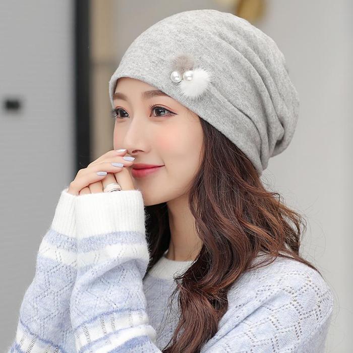 Hat Female Pearl Feather Heap Hat Casual Turtleneck Hat Autumn Breathable Pregnant Women's
