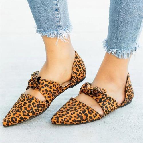Causal Point Toe Leopard Print Bow-tied Cut-out Shoes