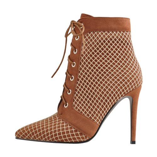 Lace Up Pointed Toe Brown Mesh Stiletto High Heel Ankle Boots