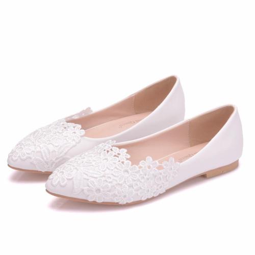 Floral Lace Wedding Shoes White Pointed Toe Casual Flat Low Heel Shoes Women PU