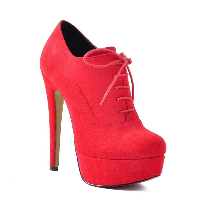 Platform Lace Up Stiletto High Heels Red Suede Leather Ankle Bootie