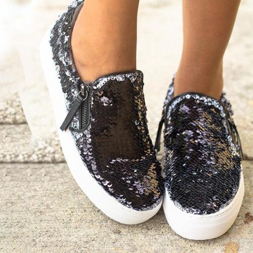 Chic Sequin Side-Zipper Flat Loafers